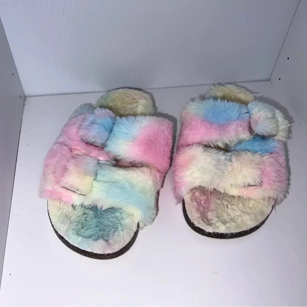Faux fur pastel elastic double buckle slip on sandals, girls size 13/ 1 - Picture 1 of 10